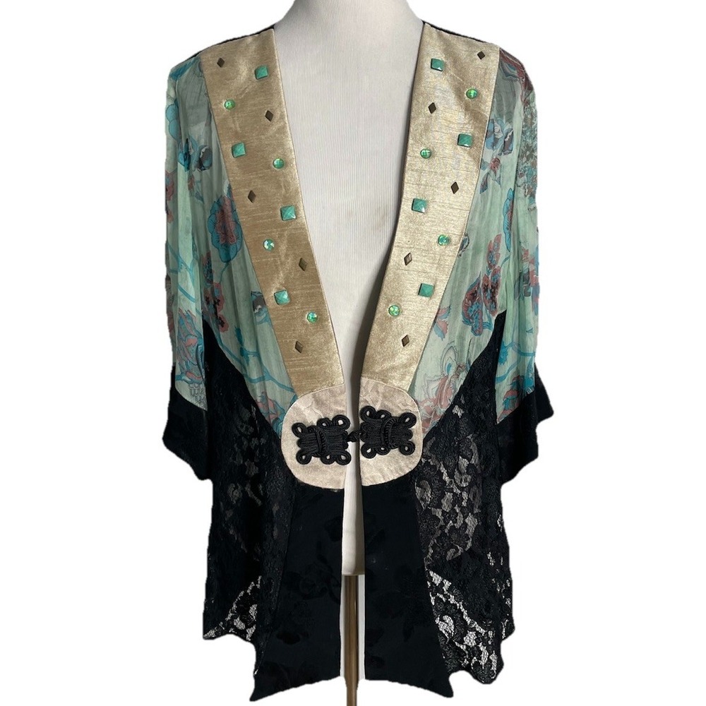 Vtg 90s Violet Kay  Black Blue Floral Lace Kimono Jacket Boho Whimsy Turquoise L